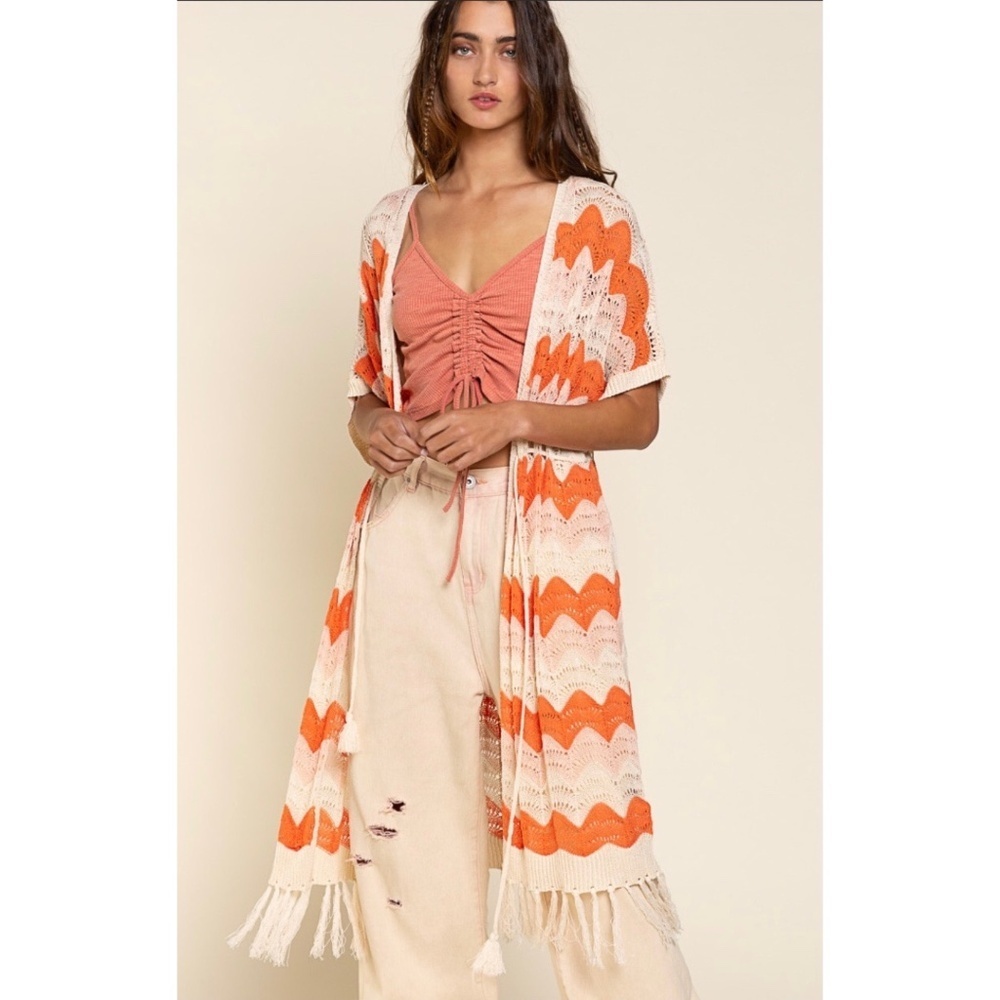 POL Cream & Orange Striped Crochet Cardigan with Fringe - Picture 3 of 8
